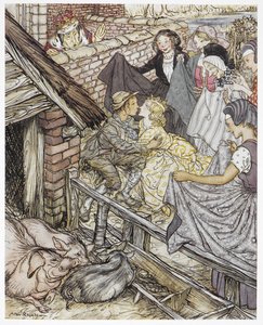 "Precis som svinherden tog den åttiosjätte kyssen", illustration till "Svinhjorden", av HC Andersen av Arthur Rackham