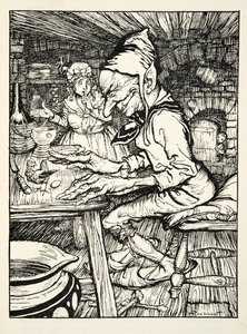 Låg!, vrålade jätten och sedan lade hönan genast ett ägg av massivt guld, från The Arthur Rackham Fairy Book, pub. 1933 av Arthur Rackham