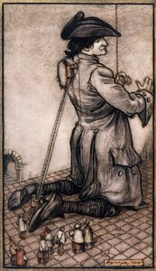 Lilliputiska skräddare som mäter Gulliver för att göra honom till en ny kostym, illustration av Arthur Rackham (1867-1939) från Gullivers resor av Jonathan Swift (Dublin) av Arthur Rackham