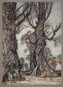 Länkmän som springer framför bärande vinterkörsbär, från Peter Pan i Kensington Gardens av J M Barrie (1860 - 1937), pub. 1906 av Arthur Rackham