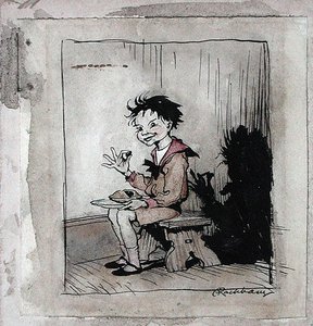 Little Jack Horner, illustration från "Mother Goose, The Old Nursery Rhymes", publicerad 1913 (penna och bläck & akvarell på papper) av Arthur Rackham