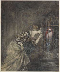 May Colvin och en papegoja i en bur. av Arthur Rackham