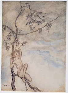 Glad, glad ska jag leva nu under blomman som hänger på grenen, illustration från William Shakespeares The Tempest, pub. 1926 av Arthur Rackham