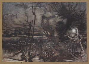 — Vilseleda nattvandrare och skratta åt deras skada? En scen ur "En midsommarnattsdröm". av Arthur Rackham
