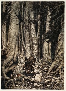 För att ömsesidigt avlösa varandra klättrade de uppför en smal ravin., från Rip Van Winkle av Washington Irving, pub. 1910 av Arthur Rackham