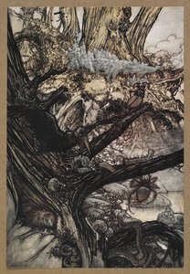 Aldrig skada, inte besvärjelse eller charm, kom vår vackra dam nära. En scen ur "En midsommarnattsdröm". av Arthur Rackham