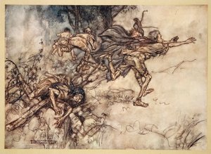 O monstruösa! O märkliga! vi är hemsökta. Be, mina herrar! Flyg, mina herrar! Hjälp!", illustration från William Shakespeares "Midsommarnattsdröm", 1908. av Arthur Rackham