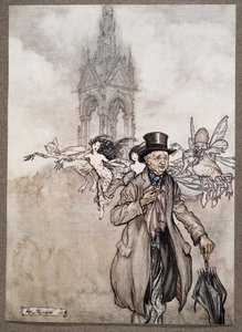 Gamle Mr Salford var ett krabba-äpple av en gammal herre som vandrade hela dagen i trädgårdarna, från Peter Pan i Kensington Gardens av J M Barrie (1860 - 1937), pub. 1906 av Arthur Rackham