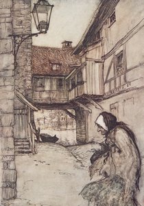 En gång var det en fattig gammal kvinna som bodde i en by, från Bröderna Grimms sagor, pub. 1909 av Arthur Rackham