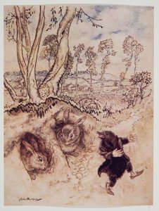 Lök-sås! Lök-sås! anmärkte han hånfullt och var borta innan de kunde komma på ett svar, från Wind in the Willows av Kenneth Grahame (1859 - 1932), pub. 1940 av Arthur Rackham