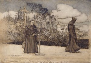 Padre Alonzo såg honom utom synhåll, illustration från Good Night av Eleanor Gates, 1907 (penna och bläck & wc på papper) av Arthur Rackham