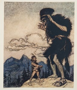 Han drog upp mjukostbiten ur fickan och klämde den tills fukten tog slut ..från Bröderna Grimms sagor, pub. 1909 av Arthur Rackham