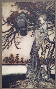 Lägg hans konstiga fall framför Old Solomon Caw, från Peter Pan i Kensington Gardens av J M Barrie (1860 - 1937), pub. 1906 av Arthur Rackham