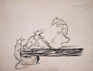 "Råttor! ... åt osten ur karen!", illustration från "The Pied Piper of Hamelin", version av Robert Browning, publicerad 1934 (penna och bläck på papper) av Arthur Rackham