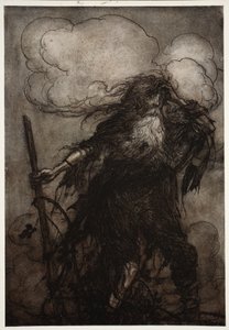 Rip vaknar. Visst, även om han, har jag inte sovit här på hela natten? Åh! Den där flaggan! Den där elaka flaggan! Vilken ursäkt ska jag göra för Dame Van Winkle? från Rip Van Winkle av Washington Irving, pub. 1910 av Arthur Rackham