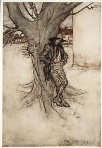 Rips son, en exakt motsvarighet till sig själv, när han gick upp på berget., från Rip Van Winkle av Washington Irving, pub. 1910 av Arthur Rackham
