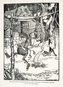 Runt elden hoppade en obeskrivligt löjlig liten man, hoppade på ett ben och sjöng, från The Fairy Tales of the Brothers Grimm, pub. 1909 av Arthur Rackham