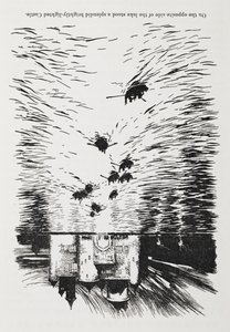 Roddbåtar på en flod som närmar sig ett slott på natten. av Arthur Rackham