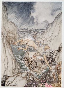 Tryggt i hamnen ligger kungens skepp, illustration från William Shakespeares The Tempest, pub. 1926