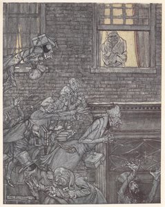 Scrooge vid sitt fönster och tittar på spöken på gatan nedanför av Arthur Rackham