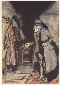 Scrooge i sitt hus på natten av Arthur Rackham