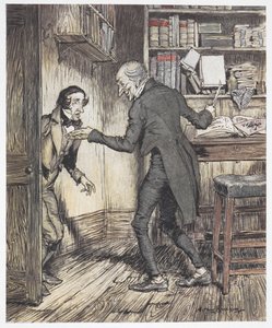 Scrooge skriver på sitt kontor när en annan man kommer in av Arthur Rackham