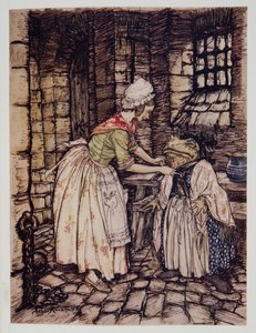 Hon arrangerade sjalen med ett proffsigt veck och band den rostiga huvens snören under hans haka, från Wind in the Willows av Kenneth Grahame (1859 - 1932), pub. 1940 av Arthur Rackham