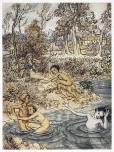 "Hon stötte på en hel flock små barn". Färgillustration för berättelsen "den lilla sjöjungfrun". av Arthur Rackham