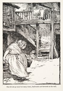 Hon gick inte en gång utan många gånger, fram och tillbaka till brunnen, från Bröderna Grimms sagor, pub. 1909 av Arthur Rackham