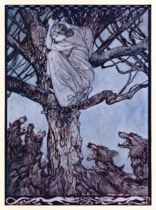 Hon såg med arg ve på den ansträngande och morrande horden nedanför. från The Wooing of Becfola in Irish Fairy Tales av Arthur Rackham