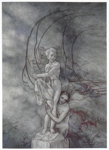 "Hon lade armarna runt marmorfiguren som var så lik prinsen". Illustration till berättelsen, "den lilla sjöjungfrun". av Arthur Rackham