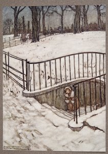 Hon sprang till St Govers väl och gömde sig .. , från Peter Pan i Kensington Gardens av J M Barrie (1860 - 1937), pub. 1906 av Arthur Rackham