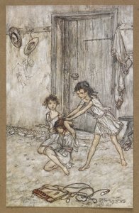 学校に行ったとき、彼女はビクセンでした。」 「真夏の夜の夢」の一場面.swedish av Arthur Rackham