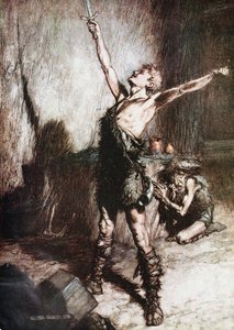 Siegfried smider sitt svärd. Illustration för Siegfried och The Twilight of the Gods av Richard Wag av Arthur Rackham