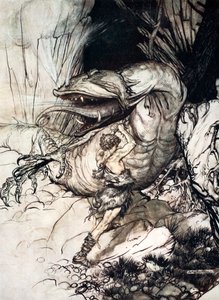 "Siegfried dödar Fafner", 1924. av Arthur Rackham