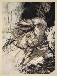 Siegfried dödar Fafner, illustration från "Siegfried och gudarnas skymning", 1924 av Arthur Rackham