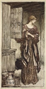 Sieglinde förbereder Hundings drak för natten, illustration från "Rhenguldet och valkyrian av Arthur Rackham