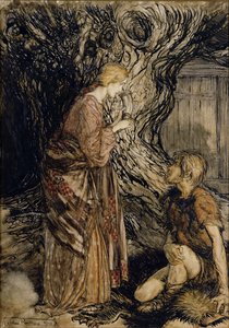 Siegmund och Sieglinde, Illustration från Rhinegold and the Valkyrie av Richard Wagner, Heinemann, 1910 (penna & bläck med wc på papper) av Arthur Rackham