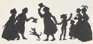 Siluett av en ung pojke och en man som hälsar folk på väg hem från kyrkan. av Arthur Rackham