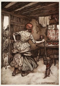 Så att han var lätt att dra av sina styrkor och ta sig till utsidan av huset - den enda sida som i sanning tillhör den hönspetade maken., från Rip Van Winkle av Washington Irving, pub. 1910 ( av Arthur Rackham