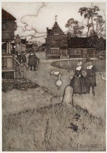 Några av de ursprungliga nybyggarnas hus., från Rip Van Winkle av Washington Irving, pub. 1910 av Arthur Rackham