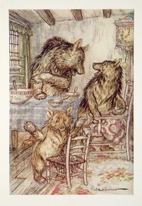 Någon har suttit i min stol och har suttit ur den! sa Little, Small, Wee Bear, från The Arthur Rackham Fairy Book, pub. 1933 av Arthur Rackham