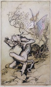 Sprite and Monster, en illustration från Tales from Shakespeare av Charles (1775-1834) och Mary Lamb (1764-1847) 1909 (penna och bläck, wc) av Arthur Rackham