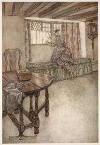 Konstiga namn fanns över dörrarna - konstiga ansikten vid fönstren - allt var konstigt., från Rip Van Winkle av Washington Irving, pub. 1910 av Arthur Rackham
