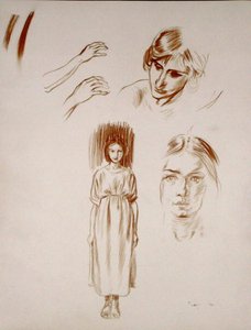 Studier av en kvinna, av ansikten och av händer (sangvinskt på papper) av Arthur Rackham