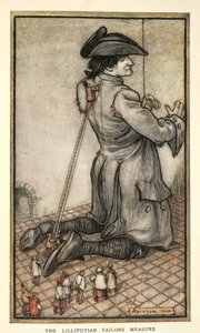 Tailors of Lilliput mäter Gulliver, illustration från Gullivers Travels av Jonathan Swift, av Arthur Rackham av Arthur Rackham