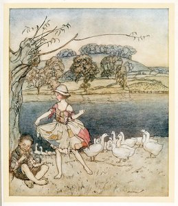 Tattercoats dansar medan goosherden pipar, från engelska Fairy Tales, pub. 1922. av Arthur Rackham