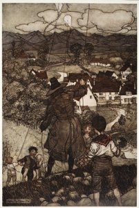Lärde dem att flyga drakar., från Rip Van Winkle av Washington Irving, pub. 1910 av Arthur Rackham
