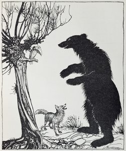 Björnen och räven, illustration från "Aesops fabler", publicerad av Heinemann, 1912 av Arthur Rackham