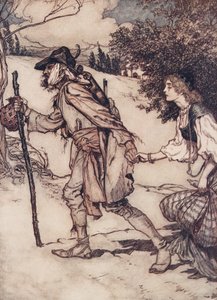 Tiggaren tog henne i handen och ledde henne bort från The Fairy Tales of the Brothers Grimm, puben. 1909 av Arthur Rackham